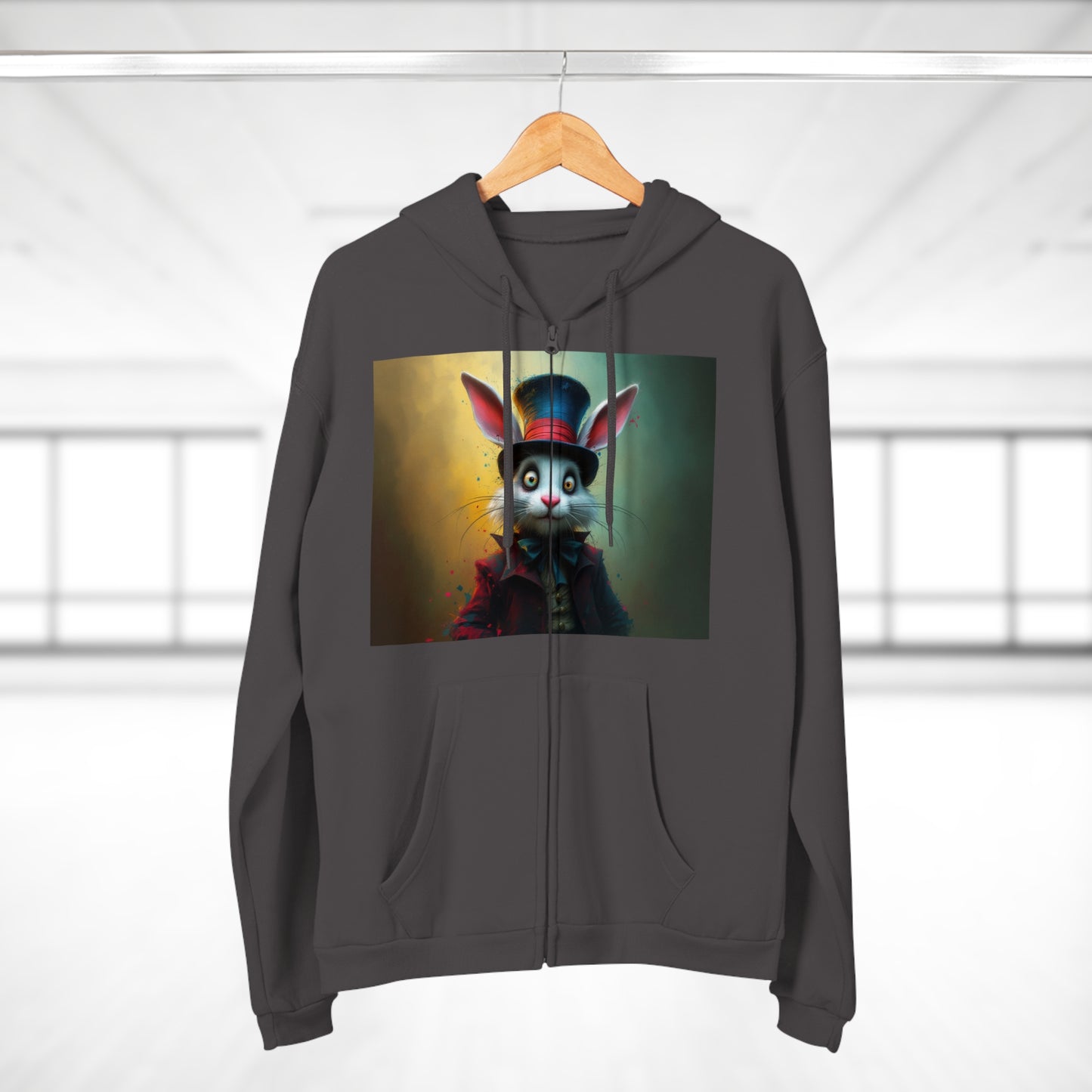 Chic Unisex Hooded Zip Sweatshirt with Silly Rabbit Artwork & Logo (No Background)