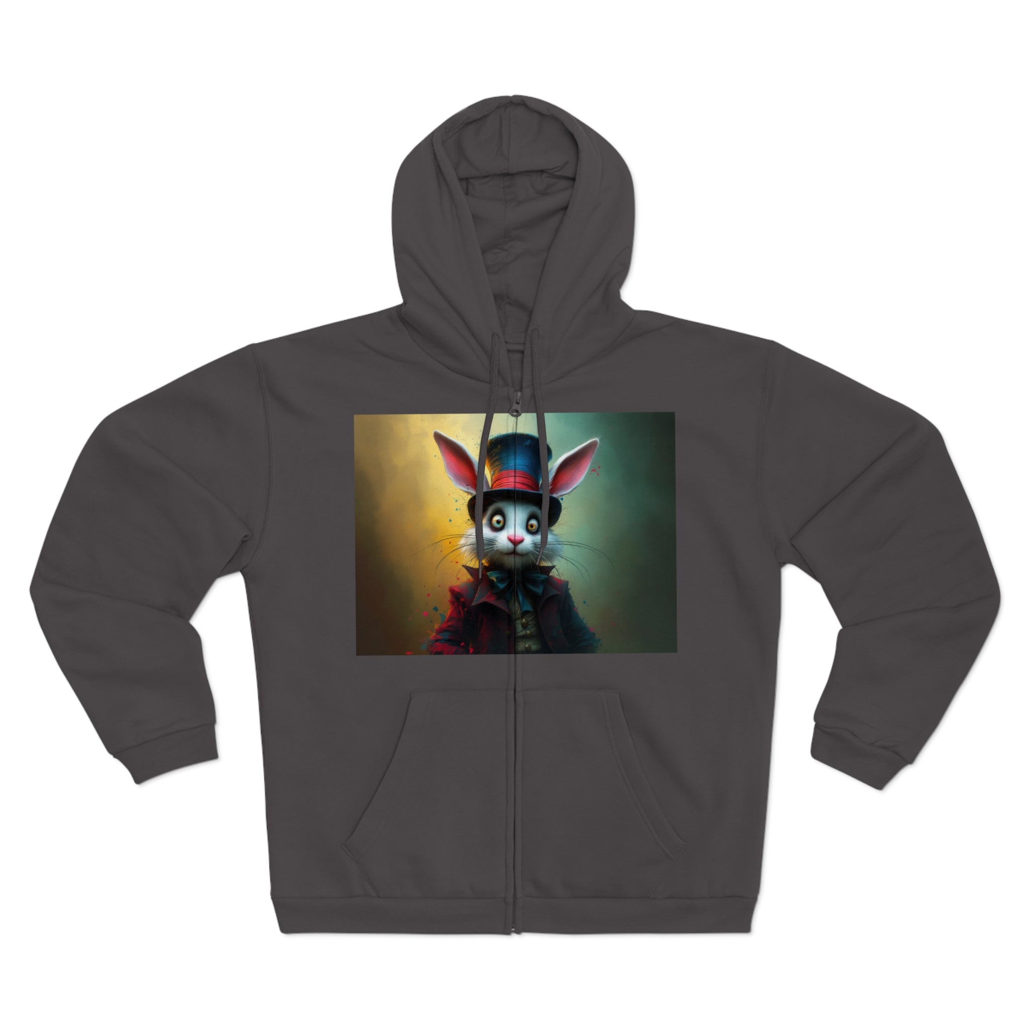Chic Unisex Hooded Zip Sweatshirt with Silly Rabbit Artwork & Logo (No Background)