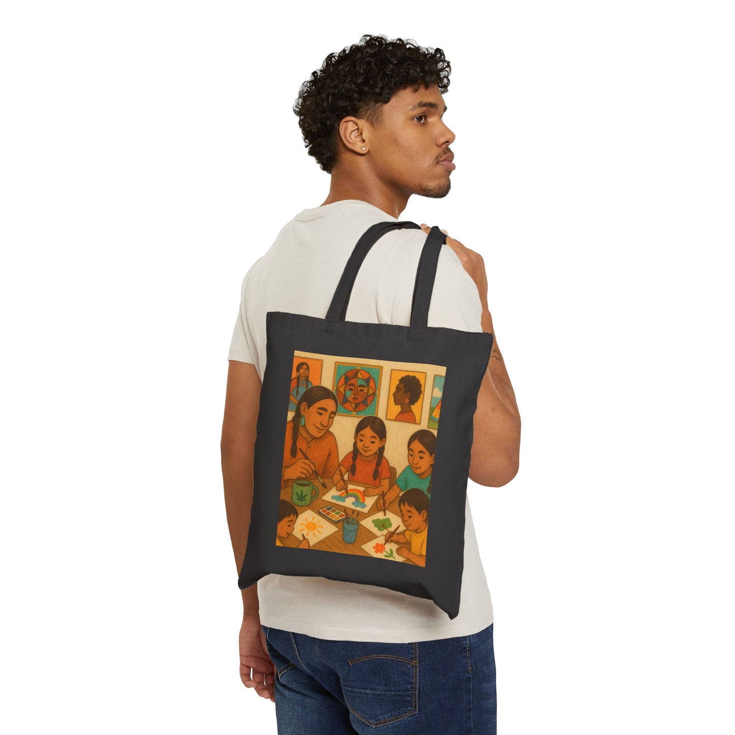Cotton Canvas Tote Bag - Native American Family Cannabis Art