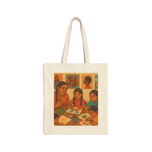 Cotton Canvas Tote Bag - Native American Family Cannabis Art