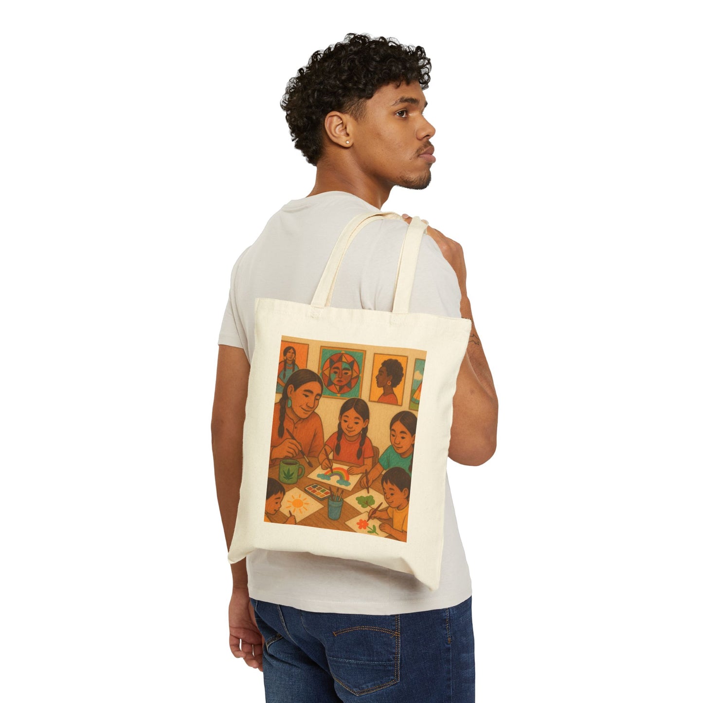 Cotton Canvas Tote Bag - Native American Family Cannabis Art