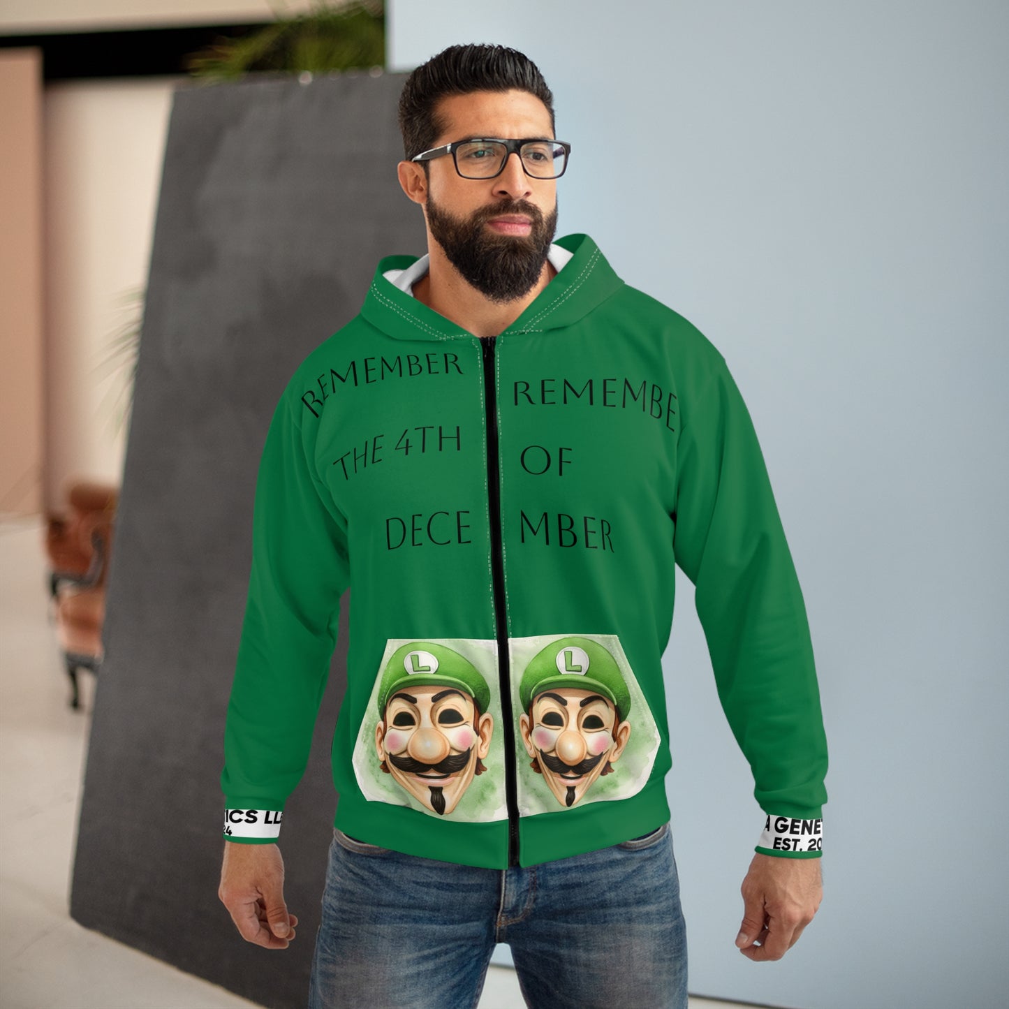 Remember the 4th of December L for Vendetta Unisex Zip Hoodie, Funny Holiday Gift, Festive Wear, Cozy Hoodie, Halloween-Inspired Design, Unique Apparel