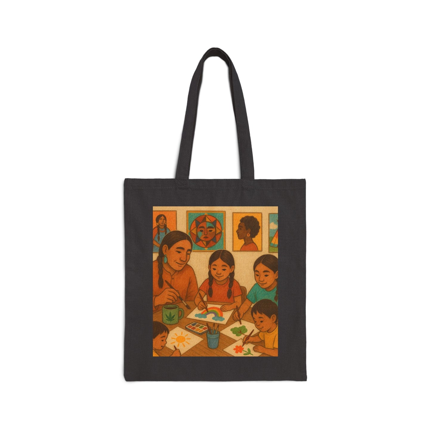 Cotton Canvas Tote Bag - Native American Family Cannabis Art