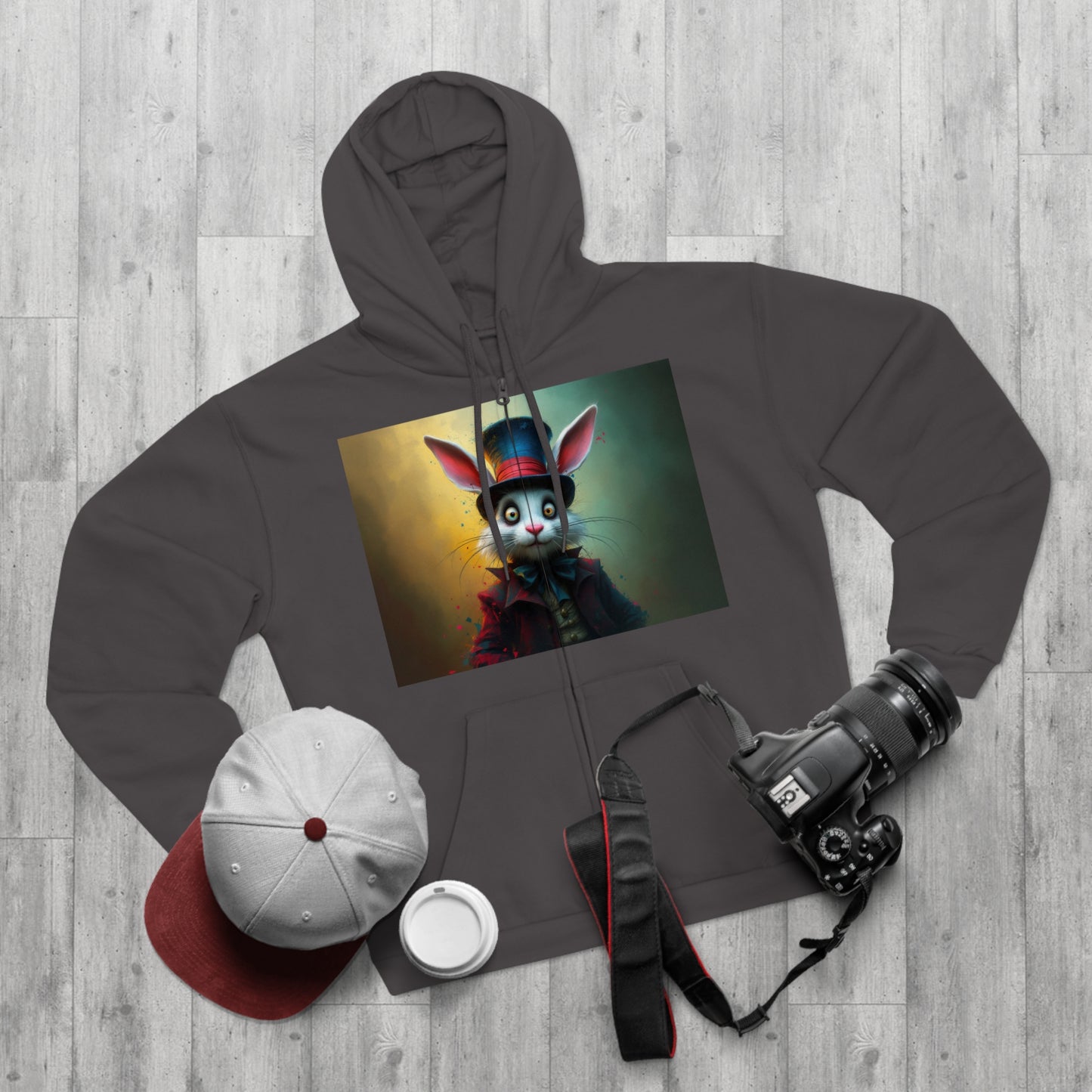 Chic Unisex Hooded Zip Sweatshirt with Silly Rabbit Artwork & Logo (No Background)