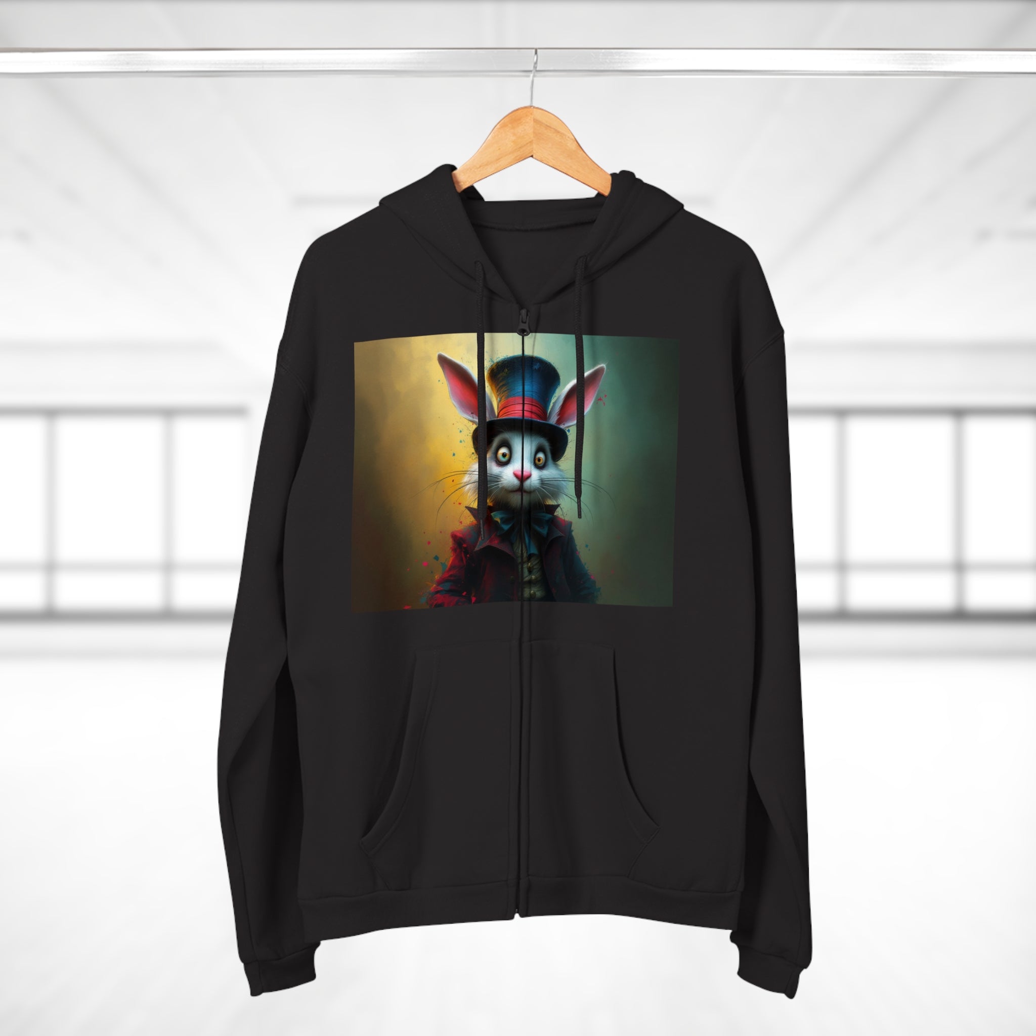 Chic Unisex Hooded Zip Sweatshirt with Silly Rabbit Artwork & Logo (No Background)