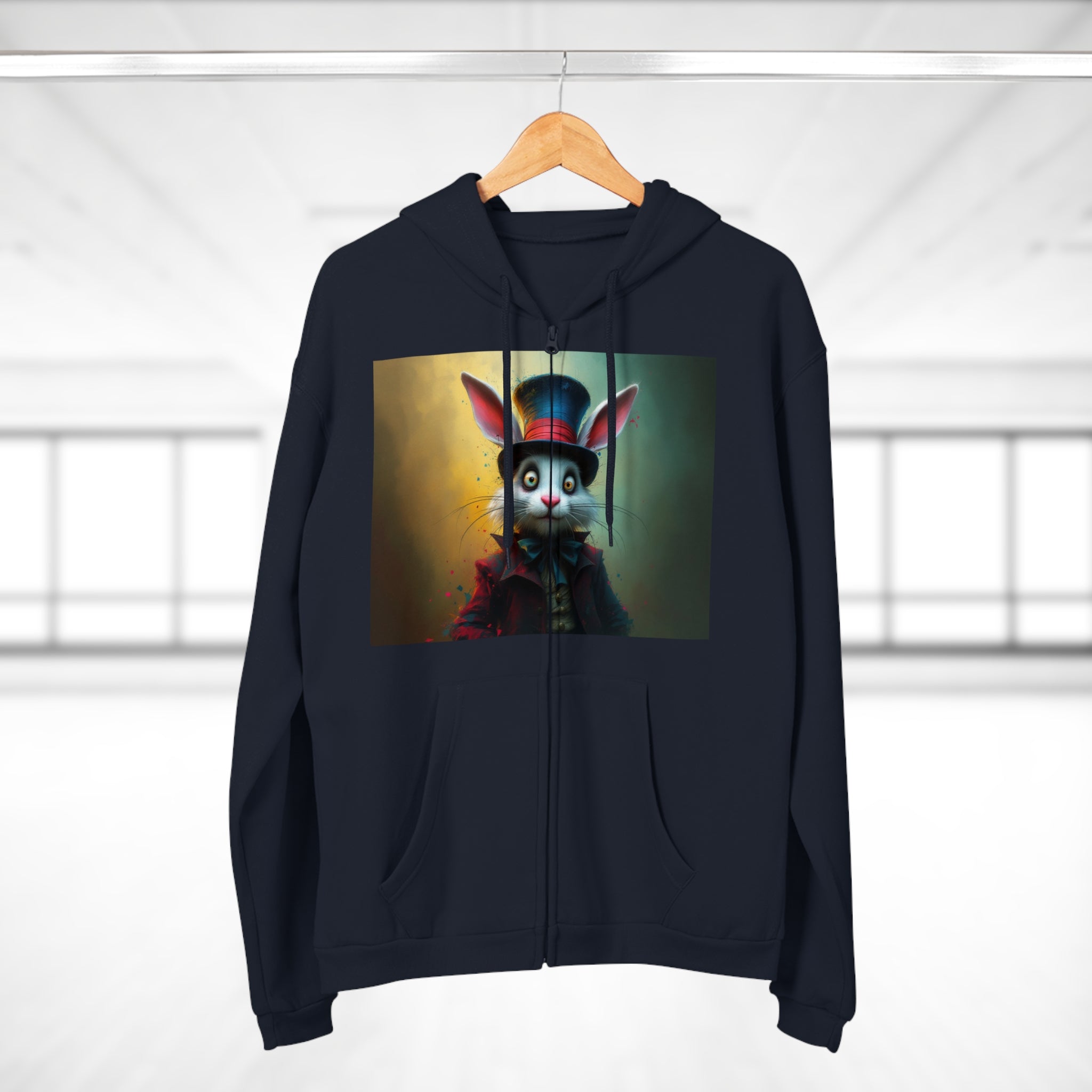 Chic Unisex Hooded Zip Sweatshirt with Silly Rabbit Artwork & Logo (No Background)