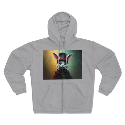 Chic Unisex Hooded Zip Sweatshirt with Silly Rabbit Artwork & Logo (No Background)