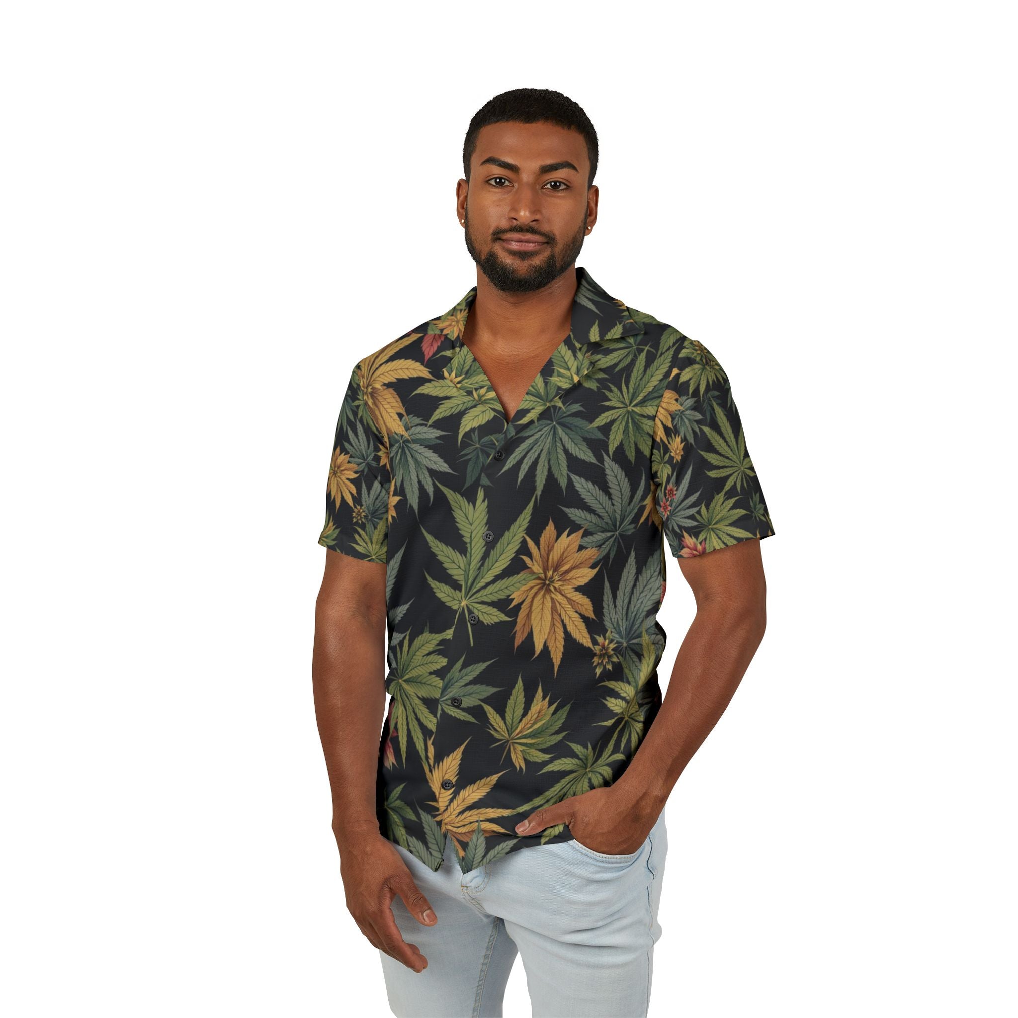 Tropical Men’s Cannabis Shirt – AOP, Trendy Summer Shirt, Vacation Essential, Gifts for Him, Beachwear, Casual Shirt, Nature Print