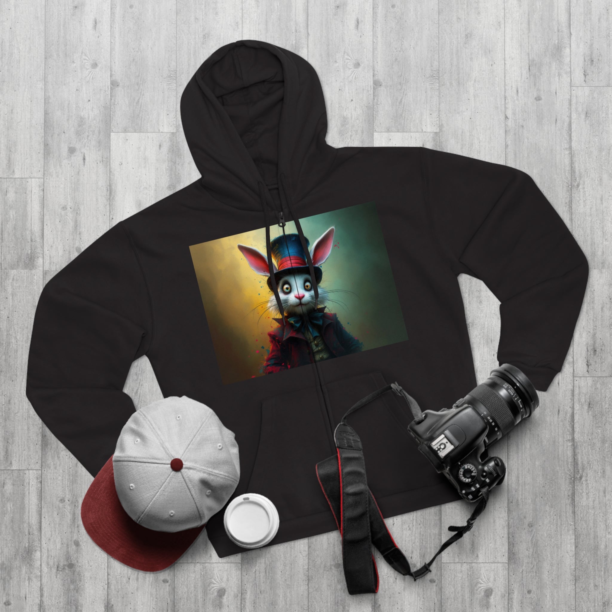 Chic Unisex Hooded Zip Sweatshirt with Silly Rabbit Artwork & Logo (No Background)