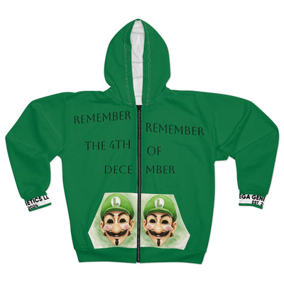 Remember the 4th of December L for Vendetta Unisex Zip Hoodie, Funny Holiday Gift, Festive Wear, Cozy Hoodie, Halloween-Inspired Design, Unique Apparel