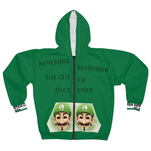 Remember the 4th of December L for Vendetta Unisex Zip Hoodie, Funny Holiday Gift, Festive Wear, Cozy Hoodie, Halloween-Inspired Design, Unique Apparel