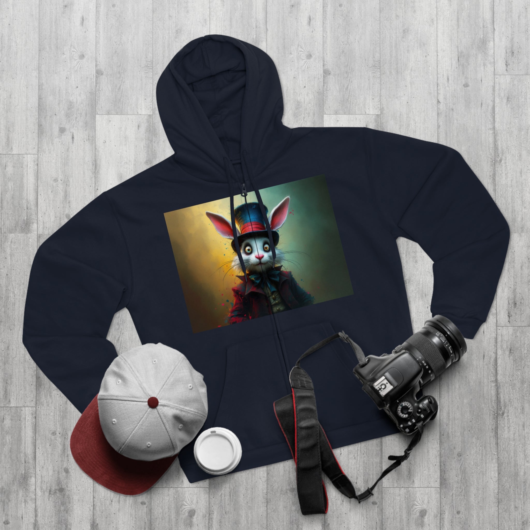 Chic Unisex Hooded Zip Sweatshirt with Silly Rabbit Artwork & Logo (No Background)