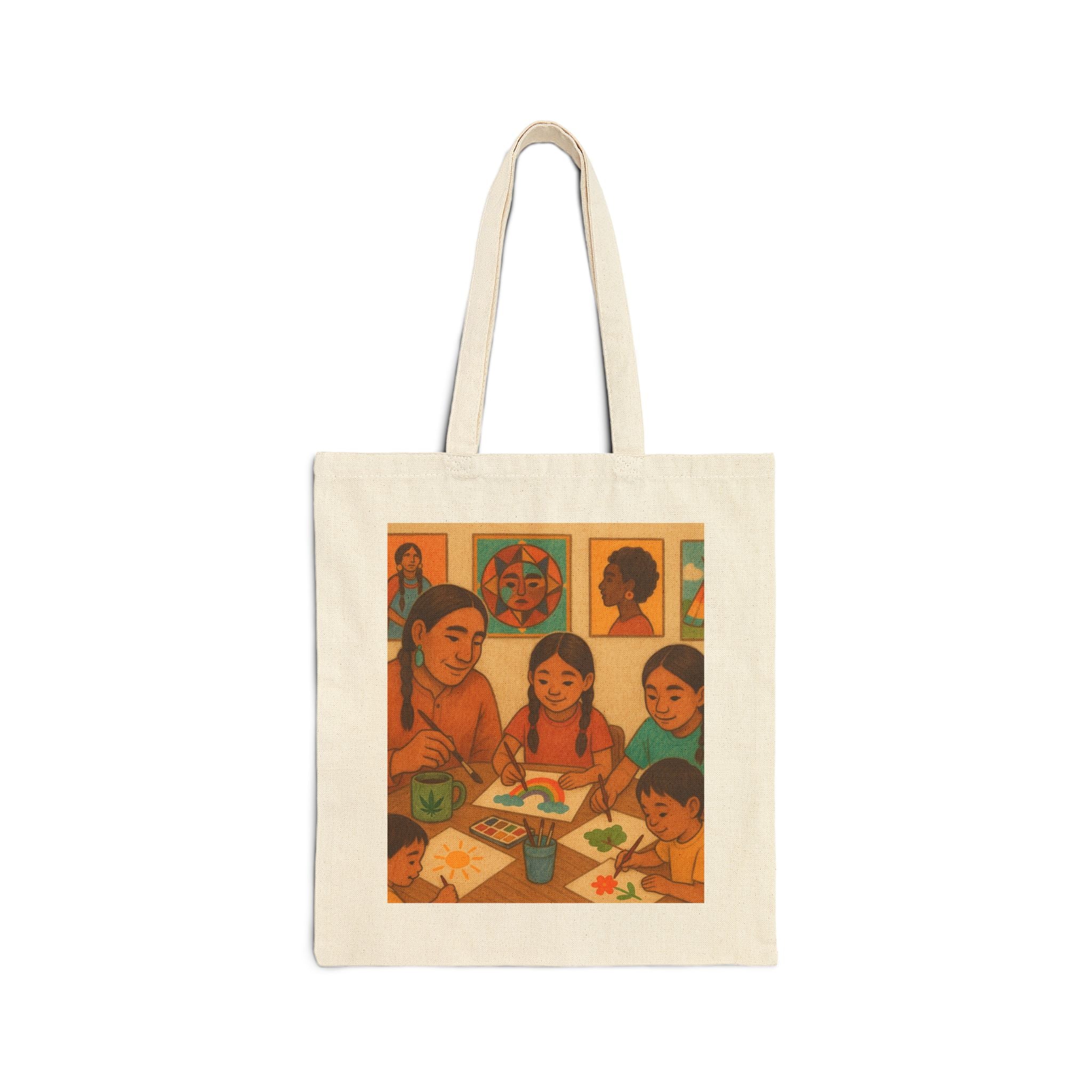 Cotton Canvas Tote Bag - Native American Family Cannabis Art