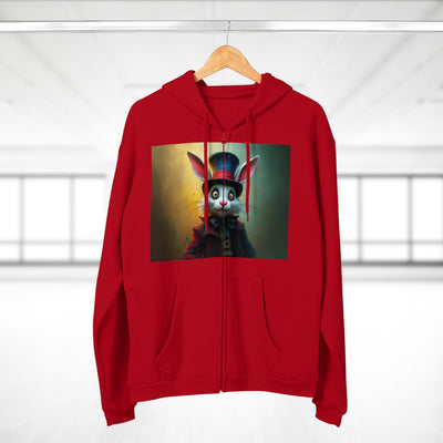 Chic Unisex Hooded Zip Sweatshirt with Silly Rabbit Artwork & Logo (No Background)