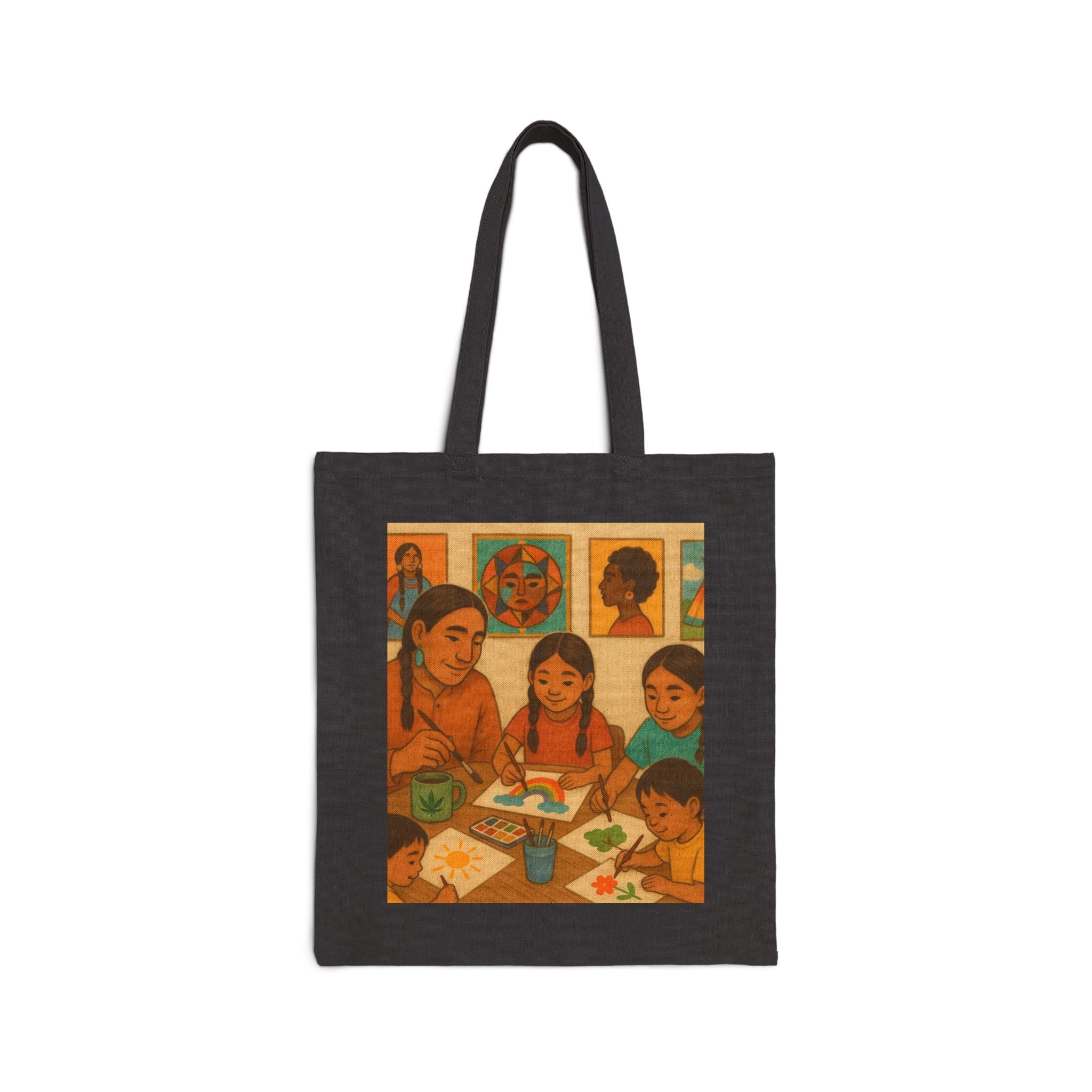 Cotton Canvas Tote Bag - Native American Family Cannabis Art