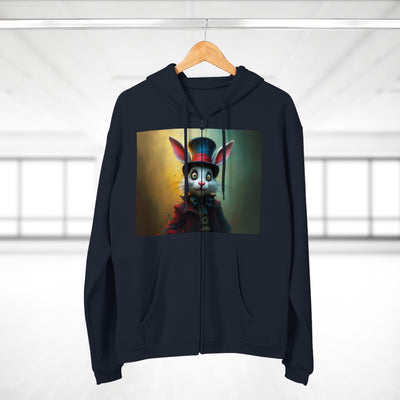Chic Unisex Hooded Zip Sweatshirt with Silly Rabbit Artwork & Logo (No Background)